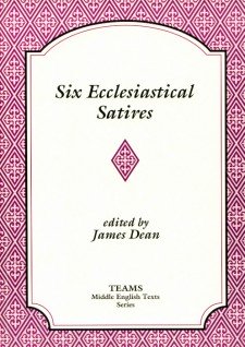 Cover image of Six Ecclesiastical Satires: the title on a white plaque, over a pink and magenta background of stylized foliate shapes within diamonds