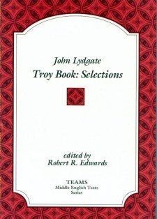 Cover image of John Lydgate: Troy Book: Selections: the title on a white plaque, over a red background of interlaced diamonds