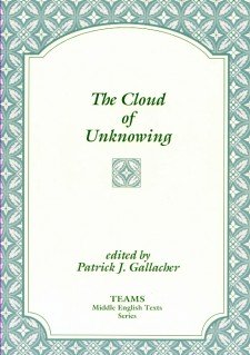 Cover image of The Cloud of Unknowing: the title on a white plaque, over a white and light teal stylized floral pattern