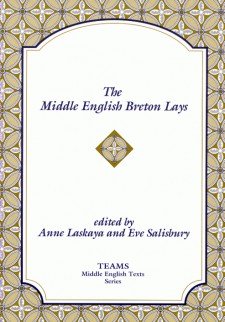 Cover image of The Middle English Breton Lays: the title in blue on a white plaque, over a born, yellow, and white stylized floral pattern