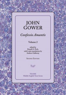Cover image of John Gower: Confessio Amantis, vol. 2: the title on a lavender square, over a purple, mauve, and white speckled background.