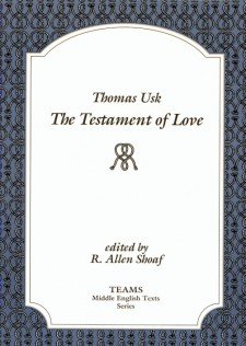 Cover image of Thomas Usk: The Testament of Love: the title on a white square, over a grey background with a repeated pattern of knots