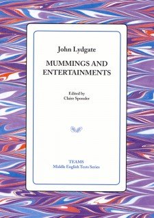 Cover image of Mummings and Entertainments: the title on a white square, over a purple, red, and blue mottled background