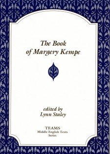 Cover image of The Book of Margery Kempe: the title on a white plaque, over a purple stylized foliate background