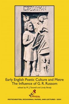 Cover of Early English Poetic Culture and Metre: The Influence of G. R. Russom: On a yellow background, an image of a carving of the Anglo-Saxon poet Caedmon