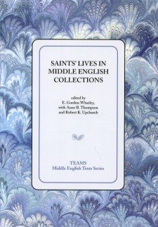 Cover image of Saints' Lives in Middle English Collections: the title on a white square, over a blue and white swirled background
