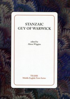 Cover image of Stanzaic Guy of Warwick: the title on a white square, over a dark blue, brown, and tan swirled background