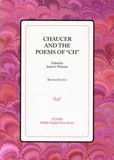 Cover image of Chaucer and the Poems of "Ch": the title on a white square, over a pink and red swirled background
