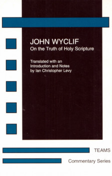 Cover of John Wyclif, On the Truth of Holy Scripture: the title in white on a black background, surrounded by a border of turquoise and white bars