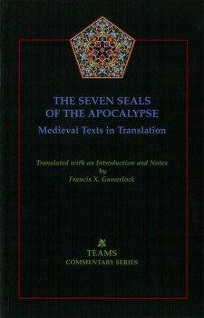 Cover of The Seven Seals of the Apocalypse: Medieval Texts in Translation: a pentagonal stained-glass design at the top of the cover, with the title in blue on a black background