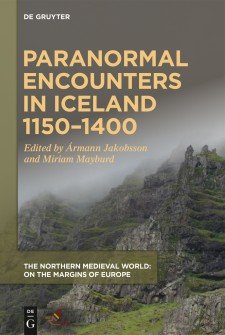 Cover image of Paranormal Encounters in Iceland 1150-1400: a fog-covered rocky headland, with the title above in goldenrod. Photo by Miriam Mayburd.