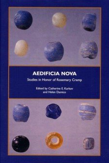 Cover image of Aedificia Nova: blue, gold, and cream glass beads on a lavendar background, with the title in a rectangular box in the middle of the cover.