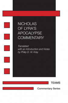 Cover of Nicholas of Lyra's Apocalypse Commentary: the title in white on a black background, surrounded by a border of red and white bars