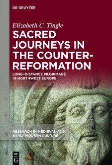 Cover image of Sacred Journeys in the Counter-Reformation: Long-Distance Pilgrimage in Northwest Europe: the face of a stone statue, with the title in white on a dark red background