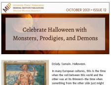 Thumbnail of MIP's October 2021 newsletter, with a header reading "Celebrate Halloween with Monsters, Prodigies, and Demons" above a text paragraph and an image of a humanoid monster from a medieval manuscript.