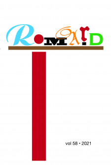 Cover image of ROMARD, volume 58 (2021): the word "ROMARD" in a variety of colors and fonts,above a brown bar, all above a dark red vertical bar.