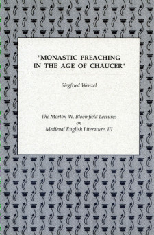 Cover image of Monastic Preaching in the Age of Chaucer: the cover in black on a white placard, above a background of grey with a repeating black design