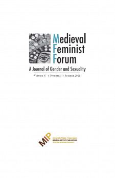 Cover image of Medieval Feminist Forum, volume 57, issue 1: the title and issue information in black on a white background, with the image of a mosaic eye of Empress Theodora