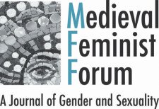 Logo of Medieval Feminist Forum: A Journal of Gender and Sexuality: the title in a sans-serif font, wrapped around a mosaic of the eye of Empress Theodora