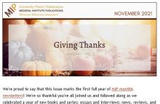 Thumbnail of MIP's November 2021 newsletter, with a header reading "Giving Thanks" above a text paragraph. 