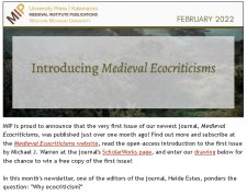 Thumbnail of MIP's February 2022 newsletter, with a header reading "Introducing Medieval Ecocriticisms" above a text paragraph.