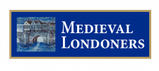 A blue rectangle with gold border. Inside, to the left, is a medieval manuscript image of a bridge with buildings on top; to the right are the words "Medieval Londoners" in white.
