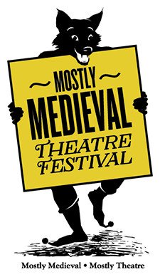 Logo of the Mostly Medieval Theatre Festival: a black fox standing on two legs, holding a yellow sign that says Mostly Medieval Theatre Festival. Underneath are the words Mostly Medieval, Mostly Theatre