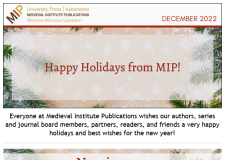 An image of snow-covered pine needles with a slightly opaque white rectangle above, with the words Happy Holidays from MIP in red, above a text paragraph