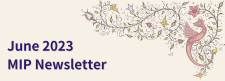 Header: Purple text reads June 2023 MIP Newsletter on a light tan background next to an image of a dragon and foliage in medieval style