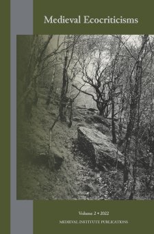 Cover image of Medieval Ecocriticisms, vol. 2: A greyscale picture of a rocky trail through a forest of trees without leaves, on a dark green background.