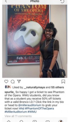 Na’Kiyya Spurlock shared this post of herself standing in front of a Phantom of the Opera display poster in Miller.
