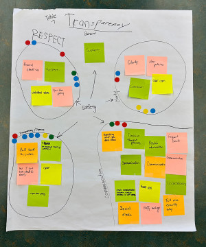 Table 7 (TRANSPARENCY), Behaviors, Post-Its: Respect, Personal check-ins, Understood values, Open door policy, Clarity, Clear communication, Expectation, Clear policies, Pull back curtain, Improve training protocol, Open, Open door policy, Less "I can't talk about it now", Communication (3), Admitting when you don't know, Decision thought process, Posted information, More communication between similar positions in different colleges, Frequent emails, Tell exactly why, Staff meetings, Social media, Honest co