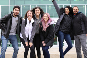 Group of students on campus, near Sangren Hall.