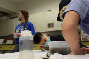 Students look at water samples.