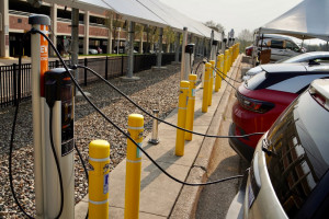 Electric vehicles lined up to charge.