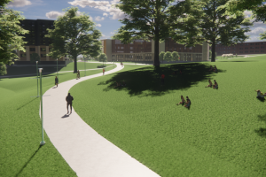 A rendering showing green space and a walkway.