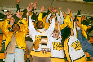 Students cheer in the hockey stands.