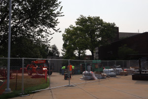 Construction fencing outside of Dunbar Hall.