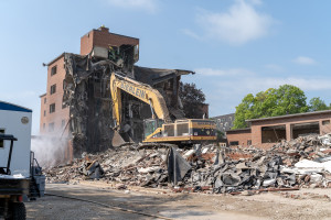 Construction equipment in the wreckage of French Hall.
