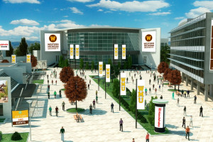 A computer-generated image of WMU's campus used during virtual Bronco Bash.