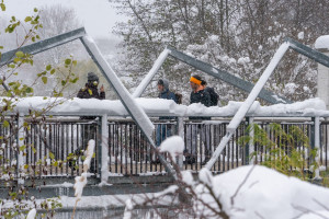 The bridge over Goldsworth Valley Pond covered in snow with students walking across.