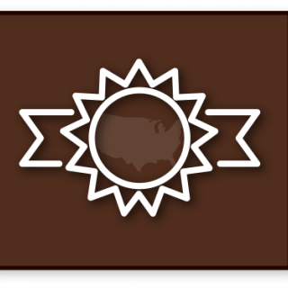 Brown button with ribbon icon with U.S. in middle