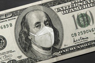 $100 bill graphic with Ben Franklin wearing face mask