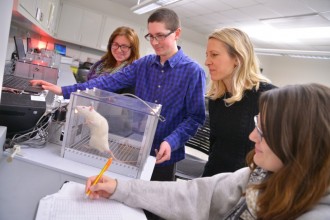 faculty teaching students in rat lab