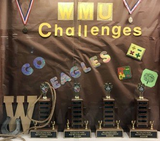 WMU Challenges display of trophies in a display case