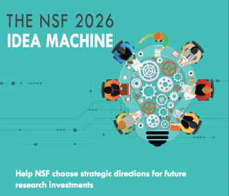 NSF 2026 Idea Machine poster with a blue background depicts  seven iconic people sitting around a table.