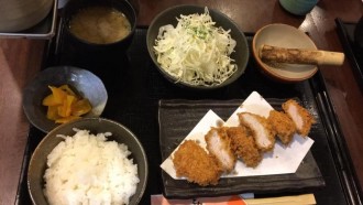 A Japanese food tray including rice, salad, sauce, fish