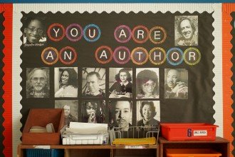 A wall decoration featuring photos of several authors reads "you are an author."