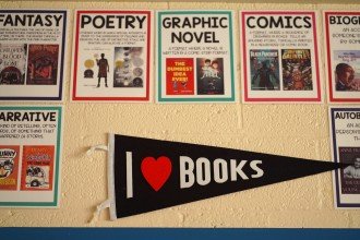 A pennant reading "I heart books" hangs on the wall of Hampton's classroom.