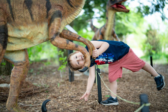 A boy holds onto the claws of a dinosaur.